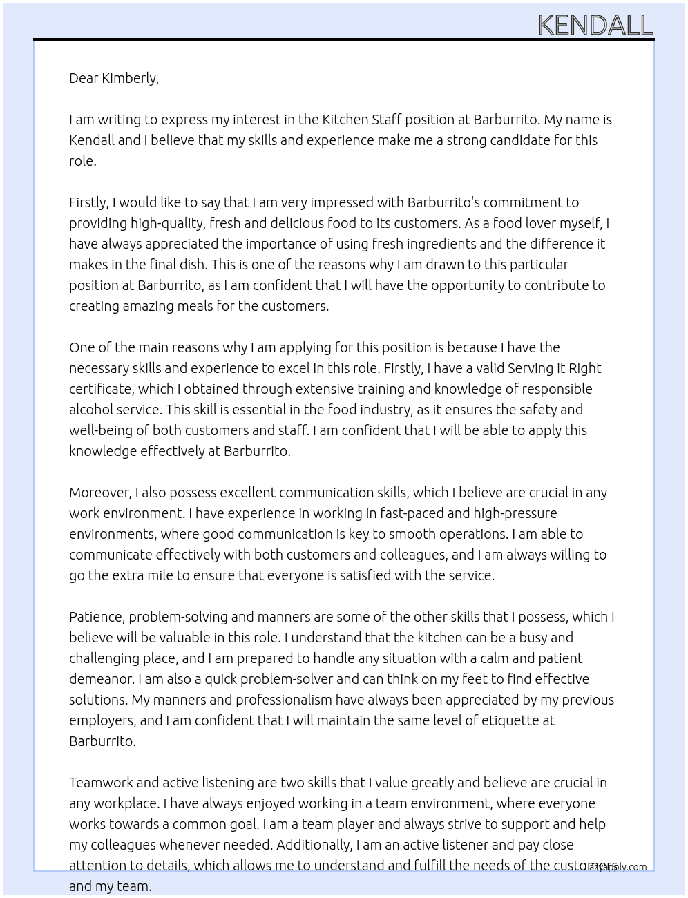 Kitchen Staff At Barburrito Cover Letter