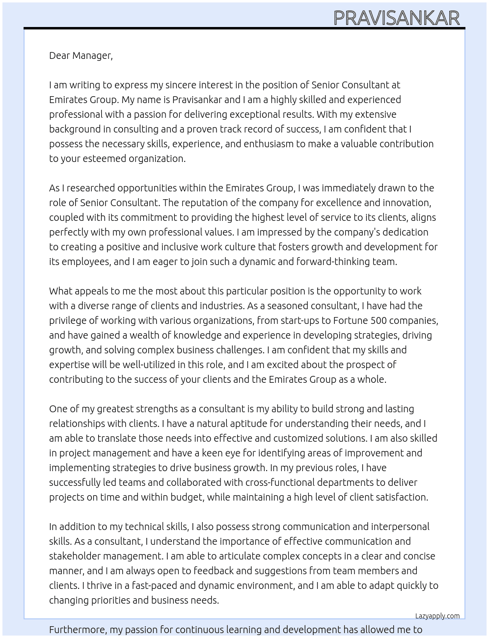 Senior consultant  At Emirates group  Cover Letter