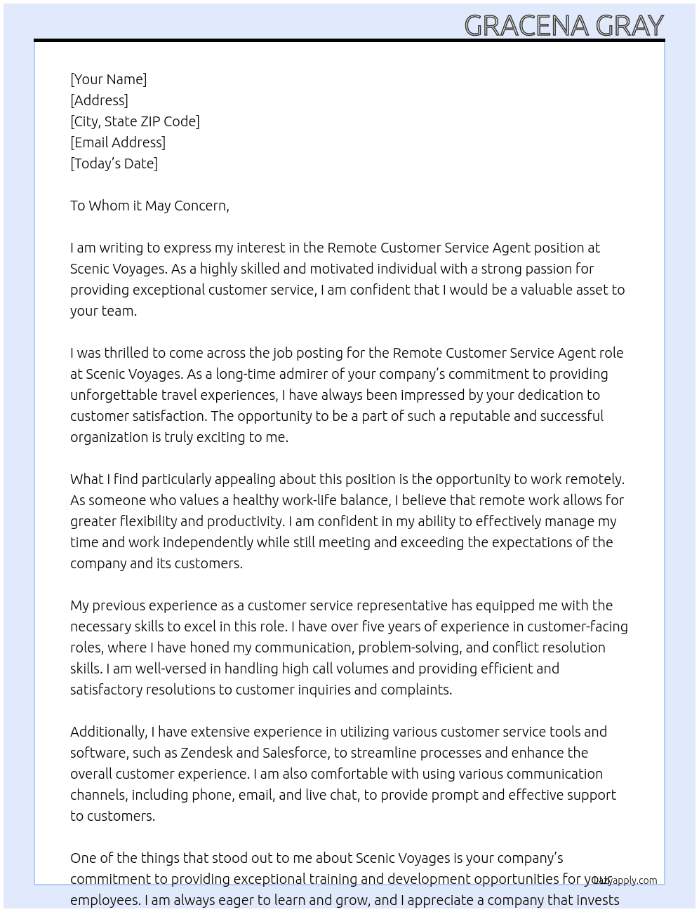 Remote Customer Service Agent At Scenic Voyages Cover Letter