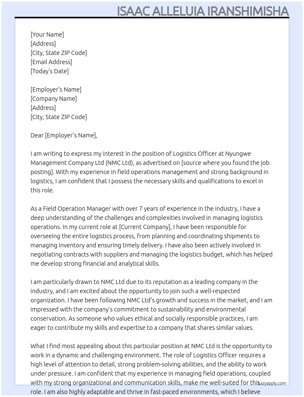 LOGISTICS OFFICER At Nyungwe Management Company Ltd (NMC Ltd) Cover Letter
