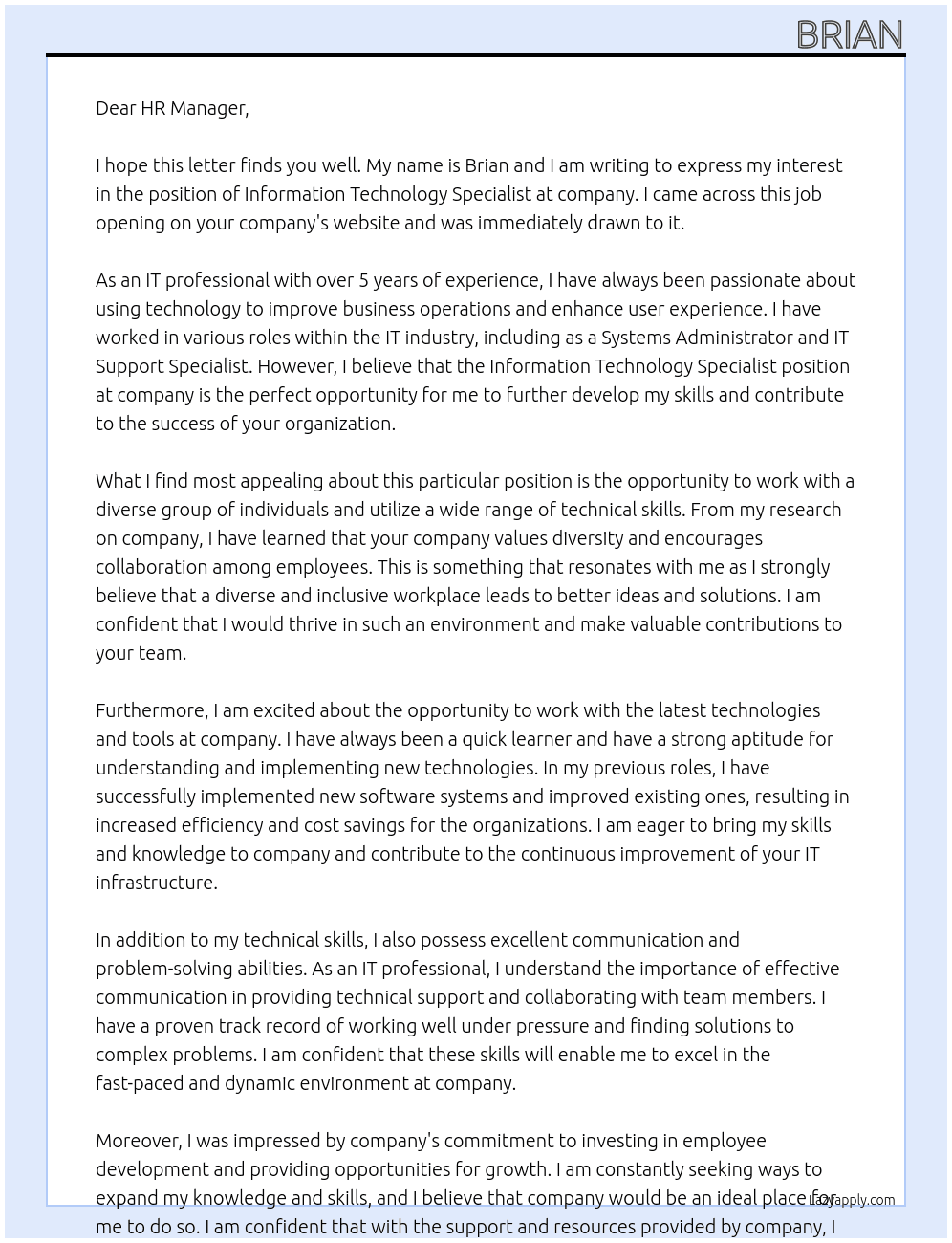 Information Technology Specialist At company Cover Letter
