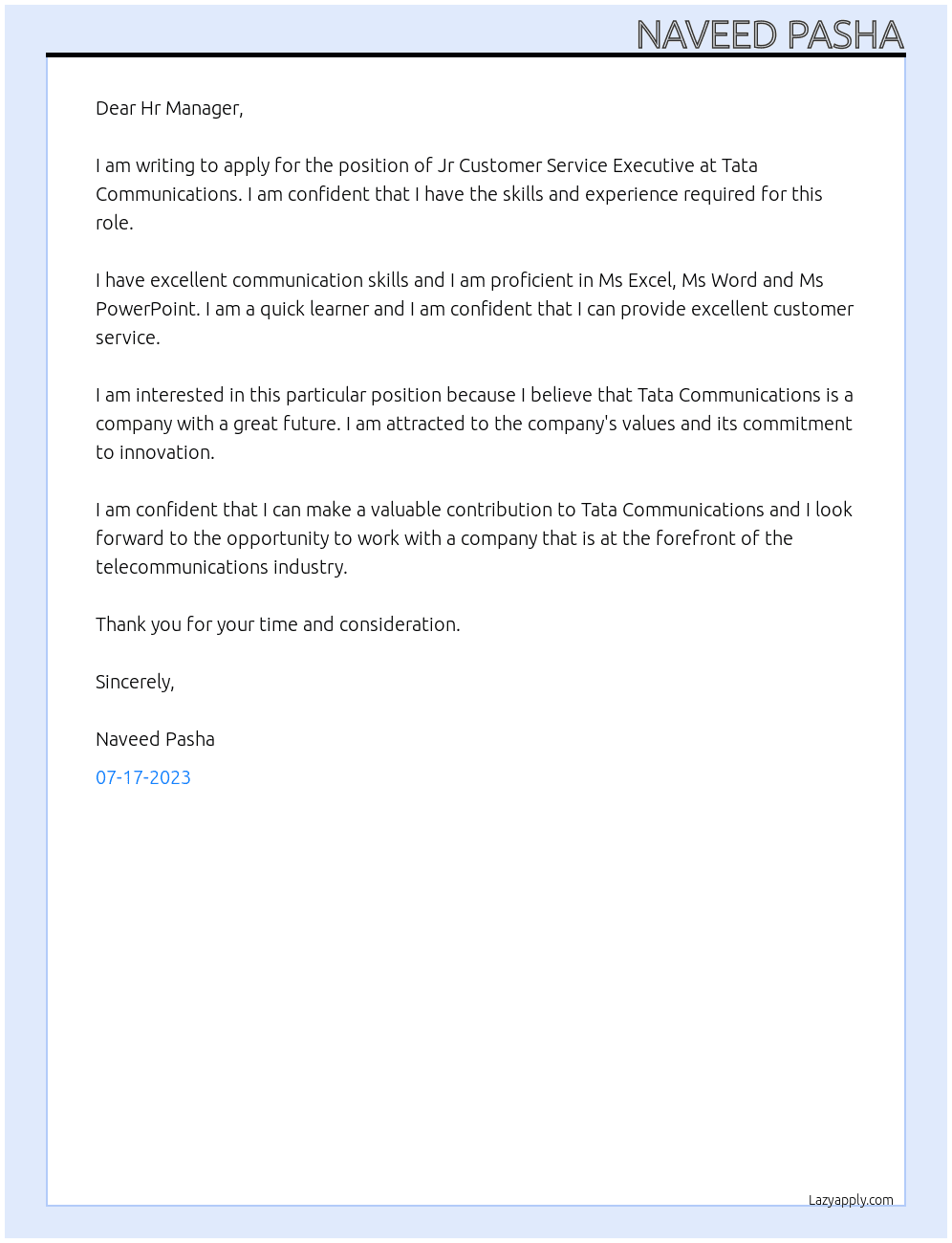 TATA COMMUNICATIONS  At Jr Customer Service Executive Cover Letter