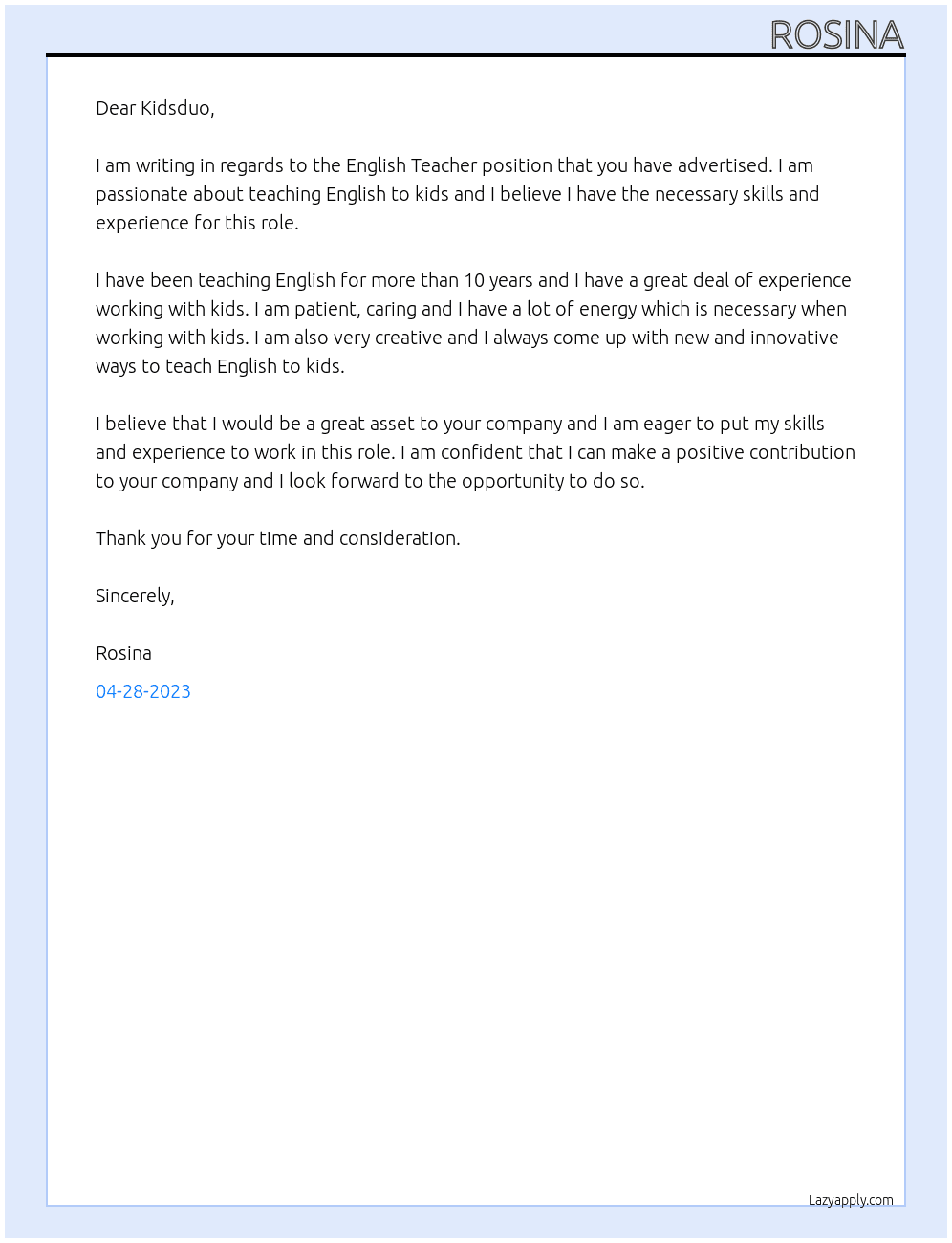 English Teacher At Kidsduo Cover Letter