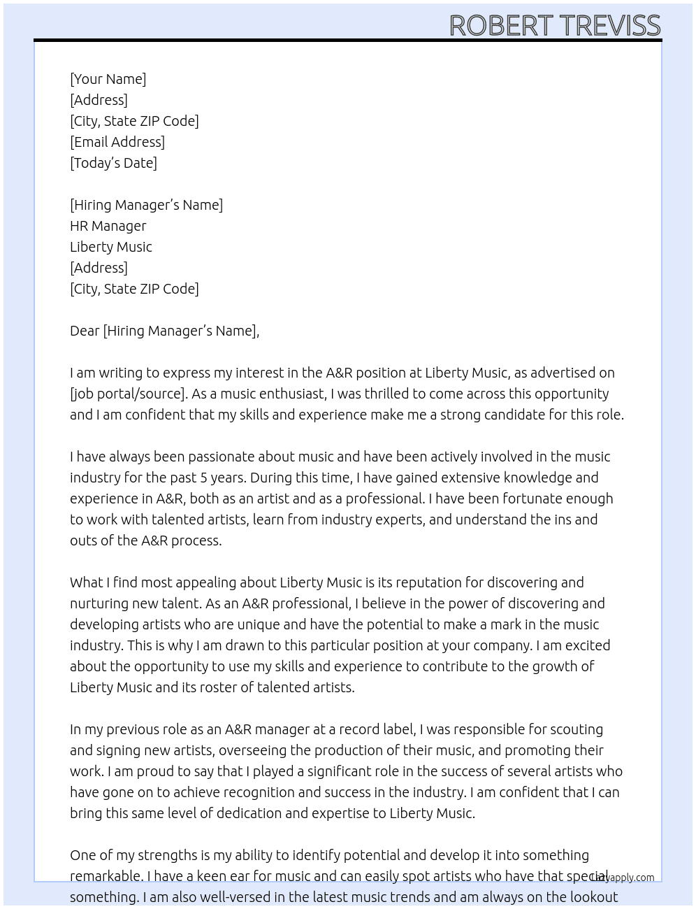 A & R At Liberty Music Cover Letter