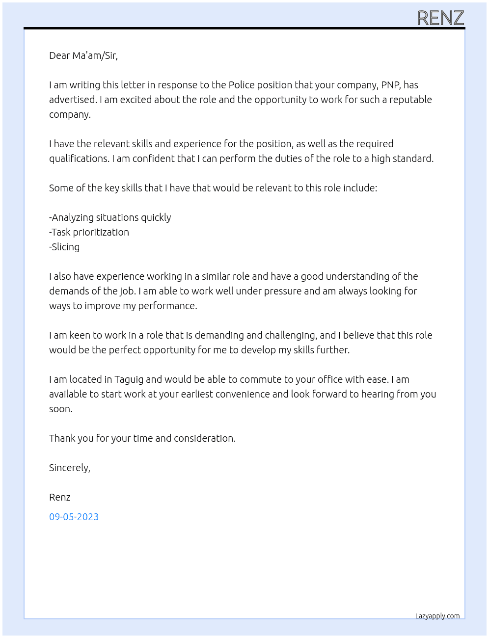 Police At PNP Cover Letter