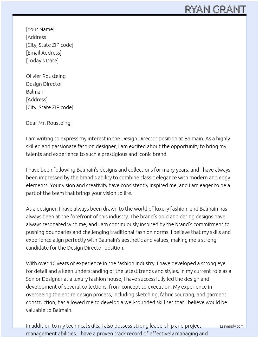 Design Director At Balmain Cover Letter