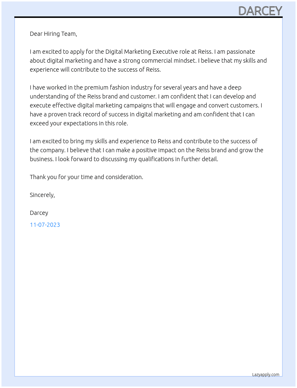 Digital marketing executive  At Reiss  Cover Letter