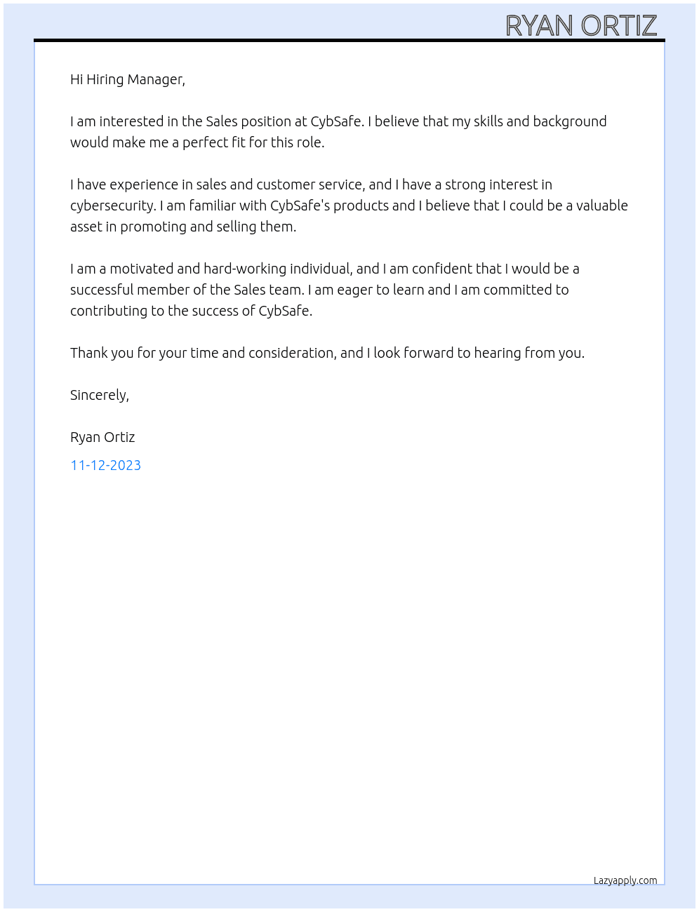 Sales At CybSafe Cover Letter