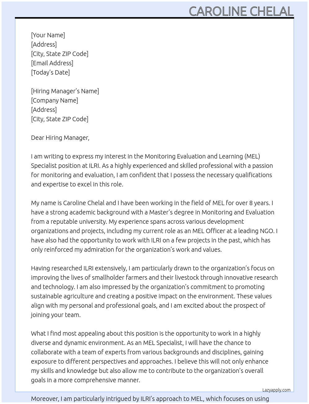 Monitoring Evaluation and Learning (MEL) Specialist At ILRI Cover Letter