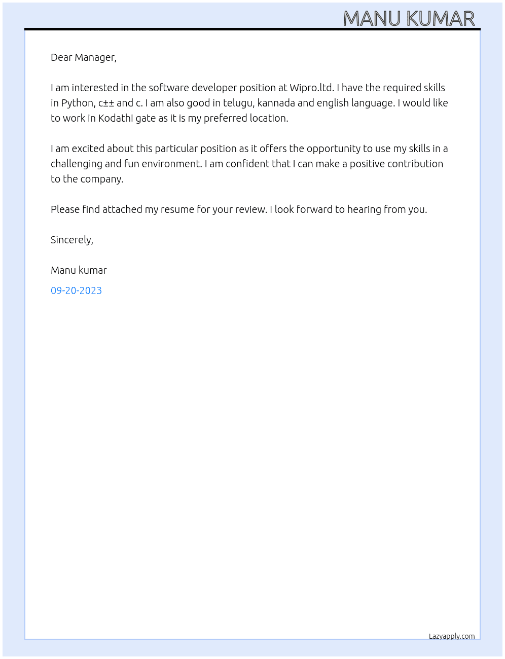 Software developer  At Wipro.ltd  Cover Letter