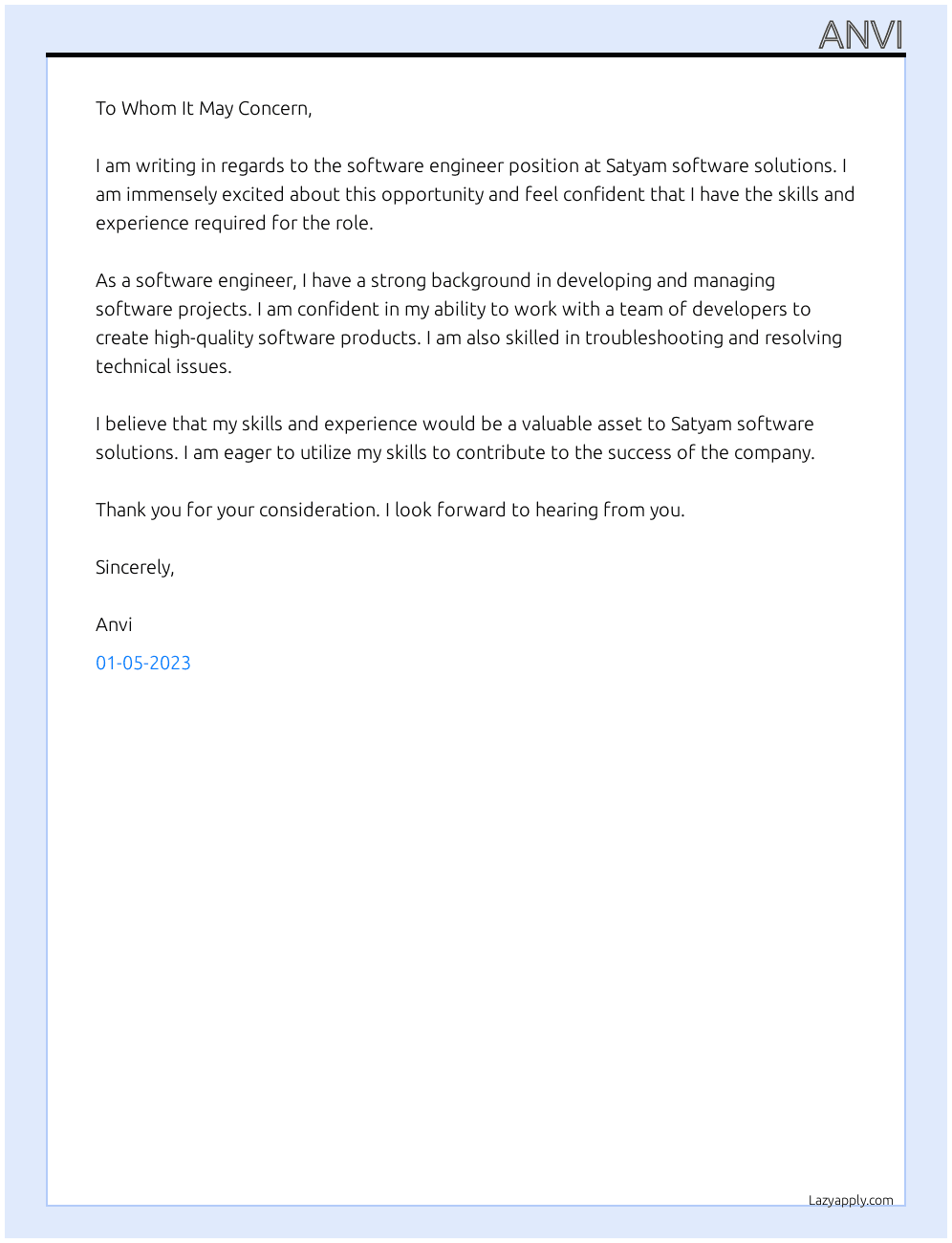 Software engineer  At Satyam software solutions  Cover Letter