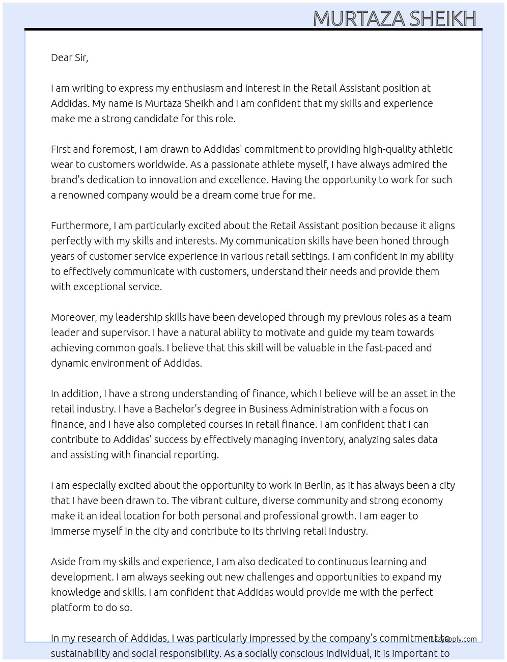 retail assistant  At Addidas  Cover Letter