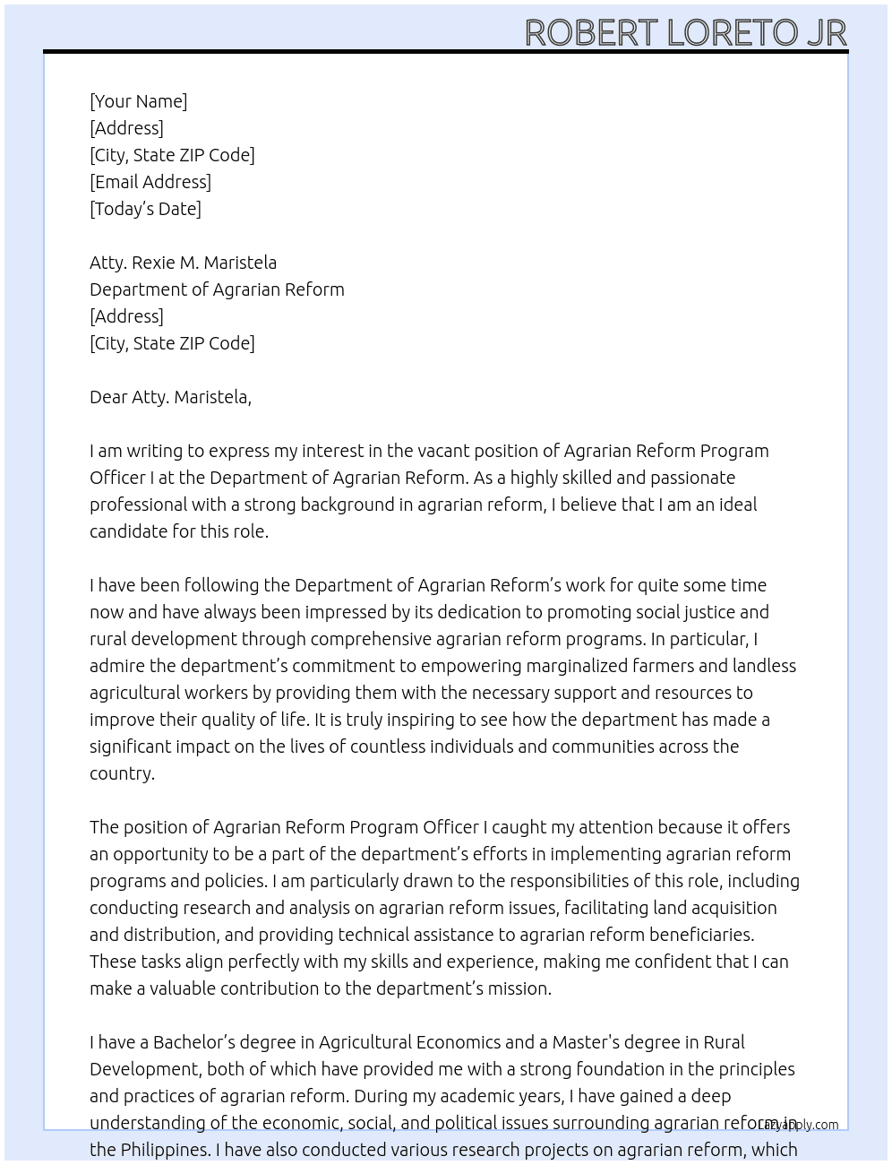 Agrarian Reform Program Officer I At Department of Agrarian Reform Cover Letter