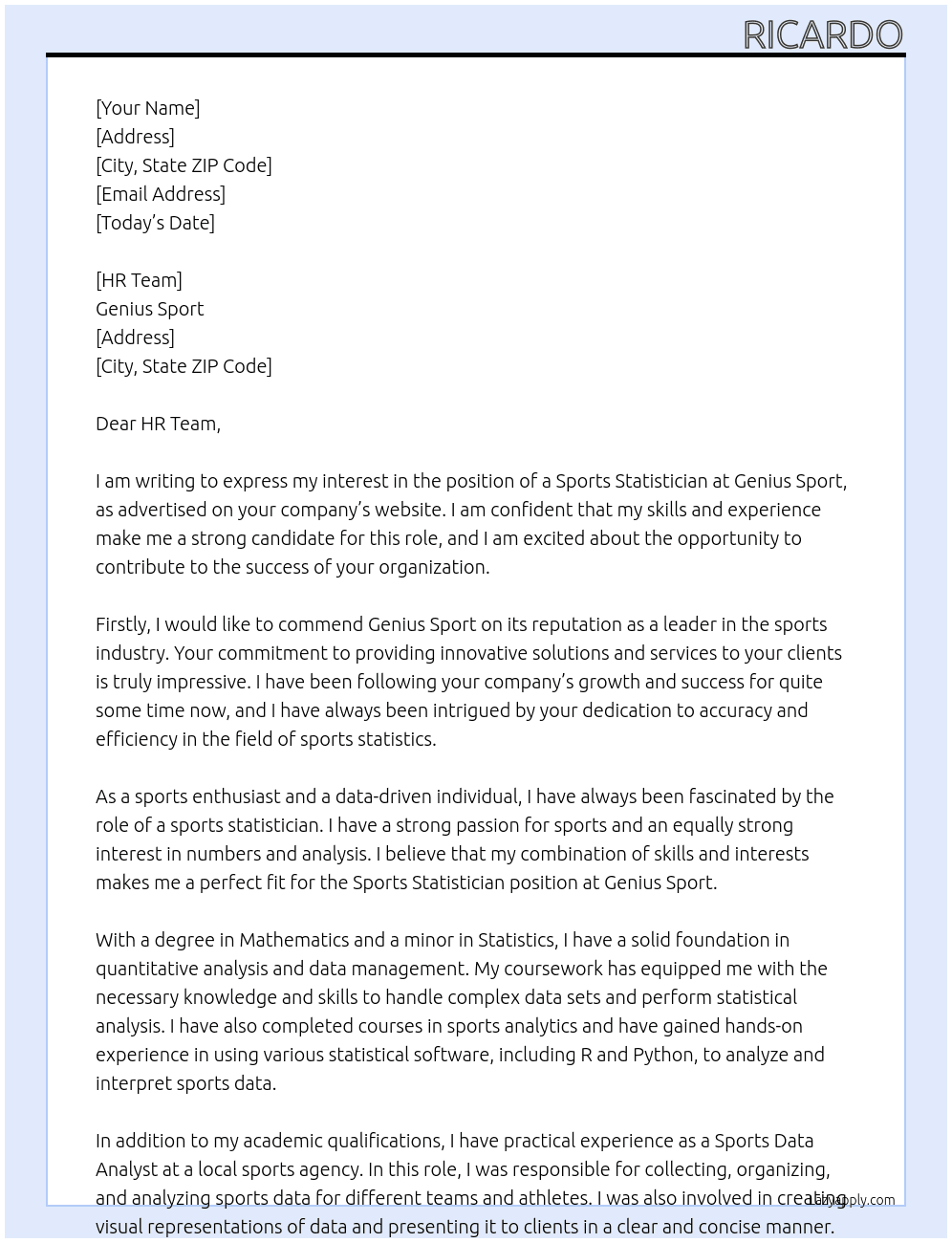 sports statician At Genius Sport Cover Letter