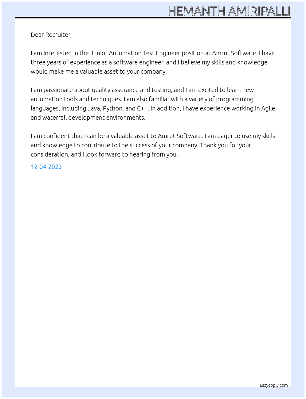 Junior Automation Test Engineer At Amrut Software Cover Letter