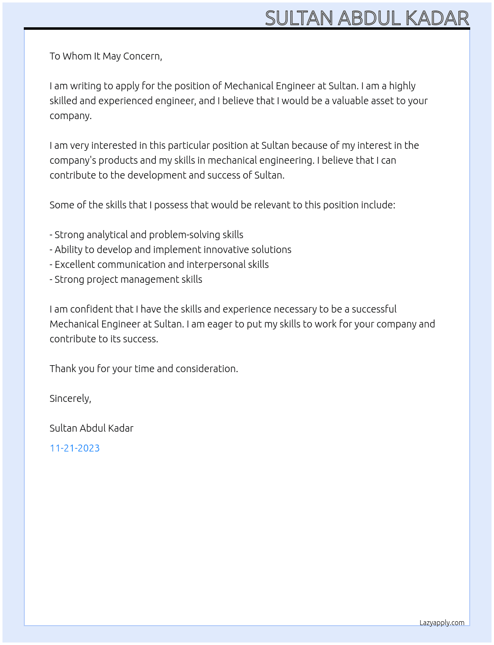 MECHANICAL ENGINEER At sultan Cover Letter