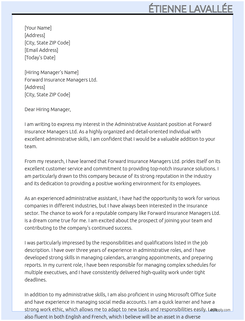 Administrative Assistant At Forward Insurance Managers Ltd. Cover Letter