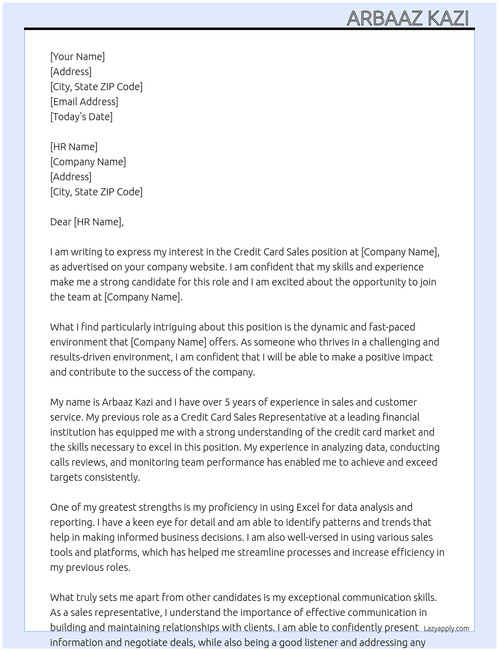 Credit card sales  At Tanfeeth  Cover Letter
