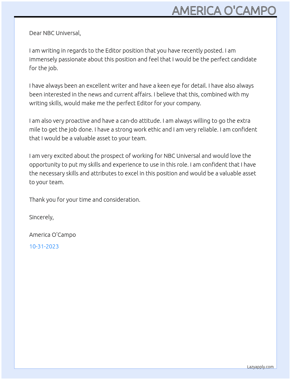 Editor At NBC UNIVERSAL Cover Letter