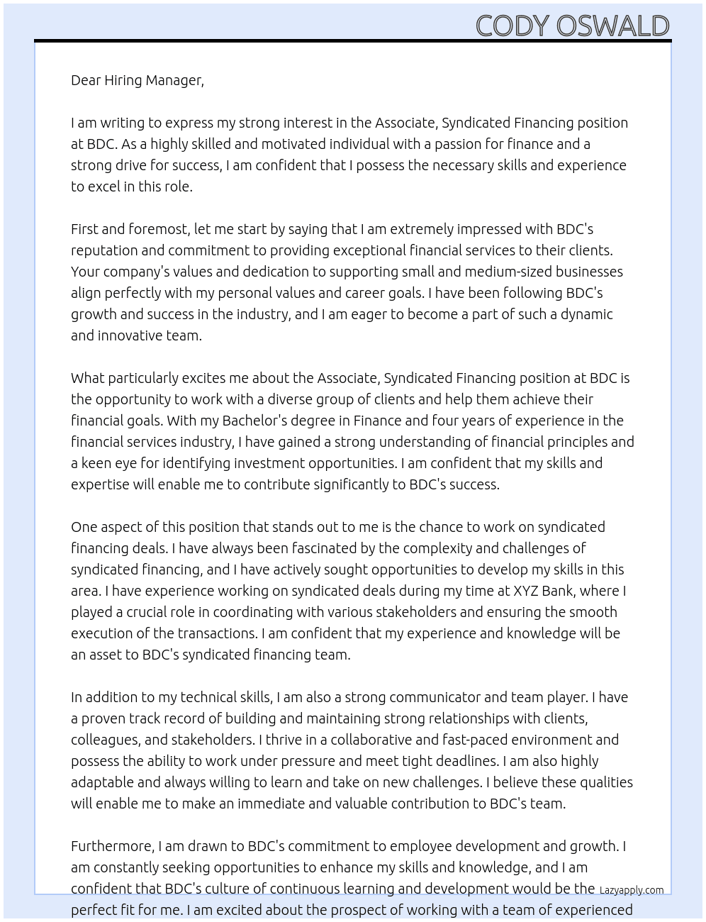 Associate, Syndicated Financing At BDC Cover Letter