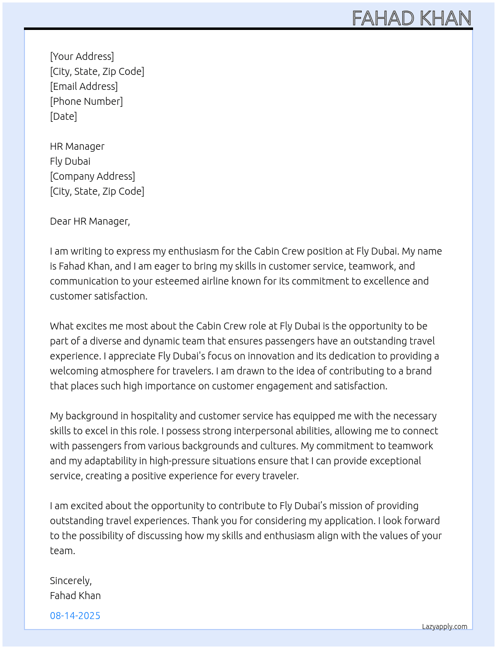cabin crew At FLY DUBAI Cover Letter
