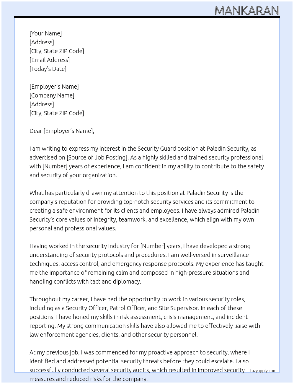 Secuirty guard At Paladin Security Cover Letter