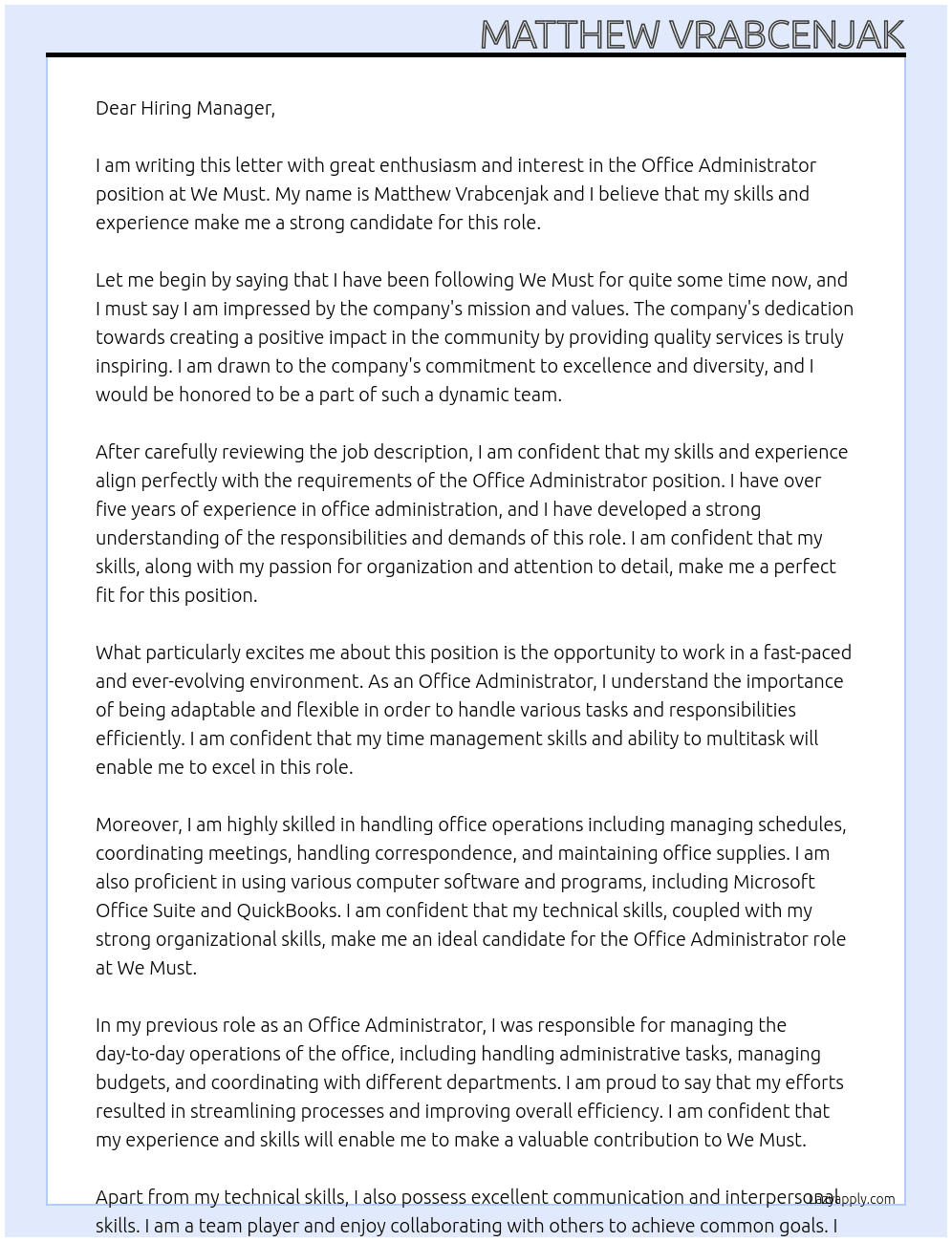 Office Administrator At We Must Cover Letter