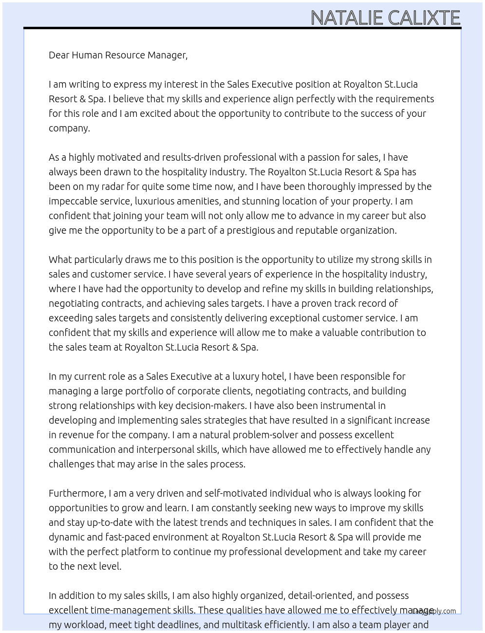 Sales executive At Royalton St.Lucia Resort & Spa. Cover Letter