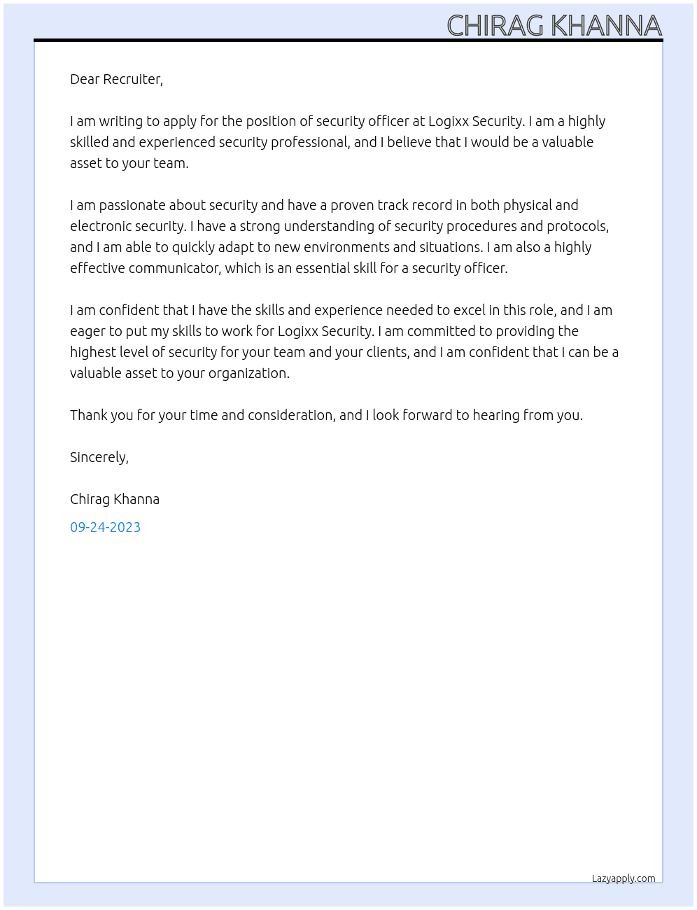 Security officer At Logixx security Cover Letter