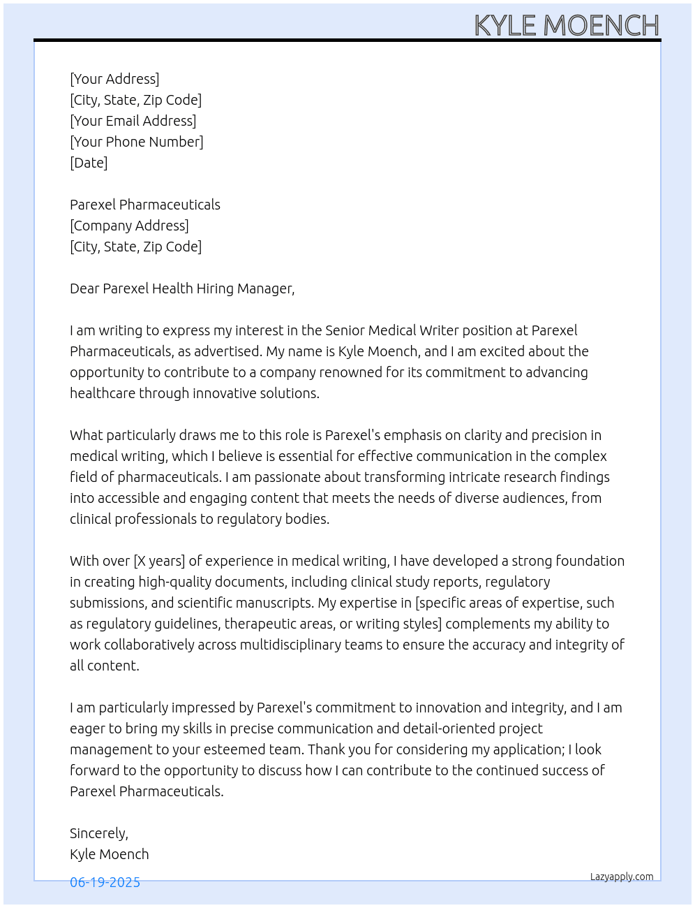 Cover letter for senior medical writer - LazyApply