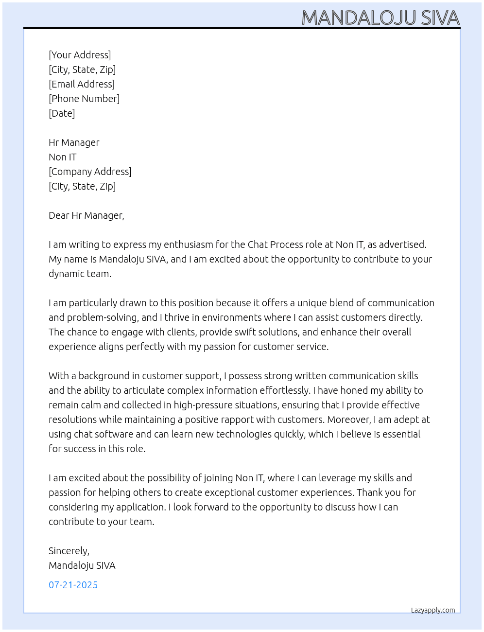 Cover letter for chat process - LazyApply