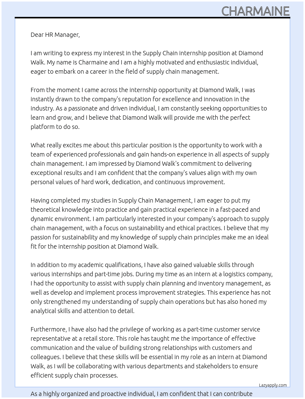 Supply Chain internship At Diamond walk Cover Letter