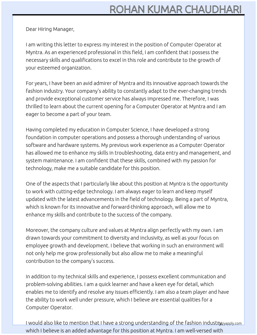 COMPUTER OPERATOR At MYNTRA  Cover Letter
