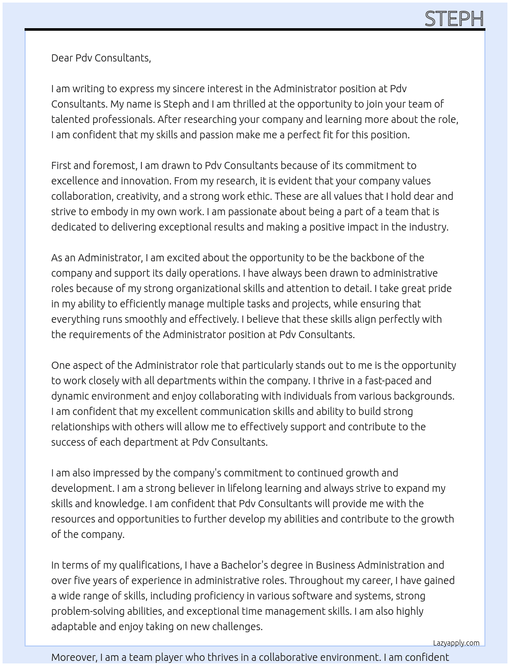 Administrator At Pdv consultants Cover Letter