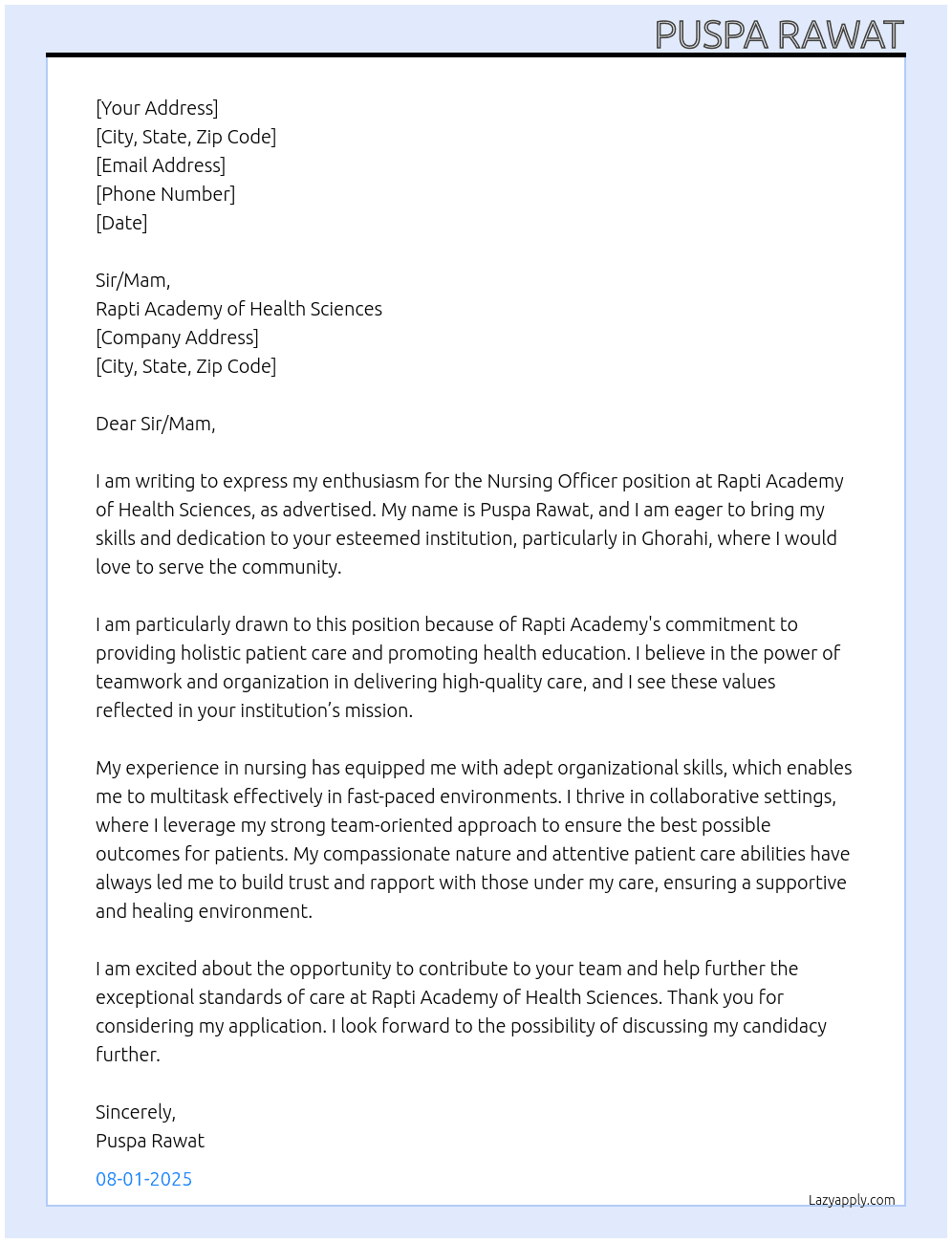 Nursing officer At Rapti Academy of Healt sciemces Cover Letter