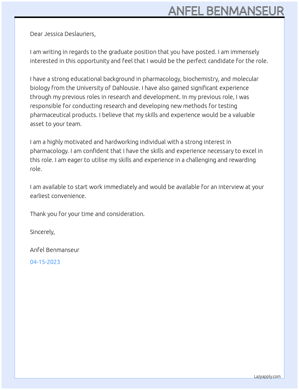 Graduate position At university of dahlousie Cover Letter