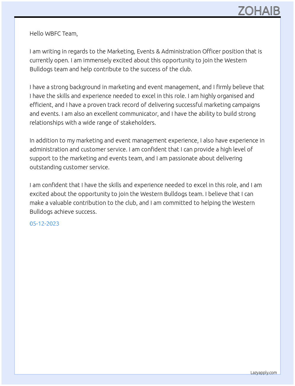 Marketing, Events & Administration Officer At Western Bulldogs  Cover Letter