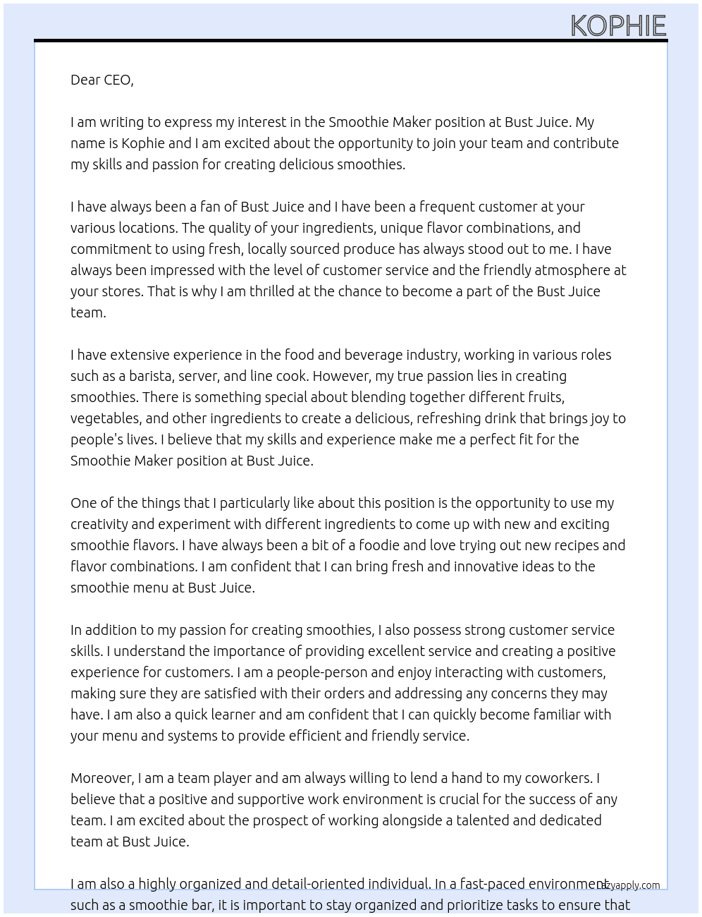 smothie maker At bust juice Cover Letter