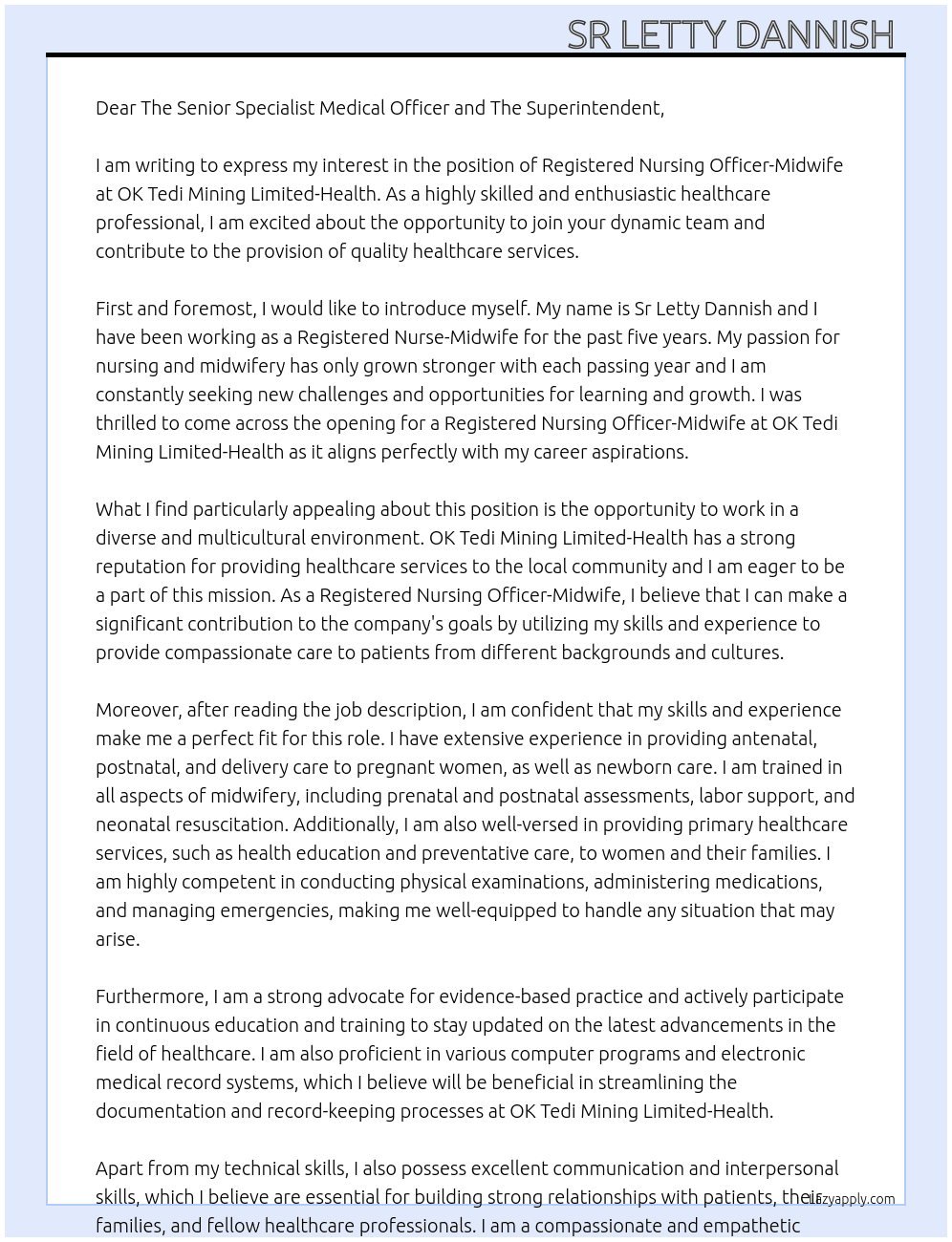 Registered Nursing Officer- Midwife At OK Tedi Mining Limited-health Cover Letter