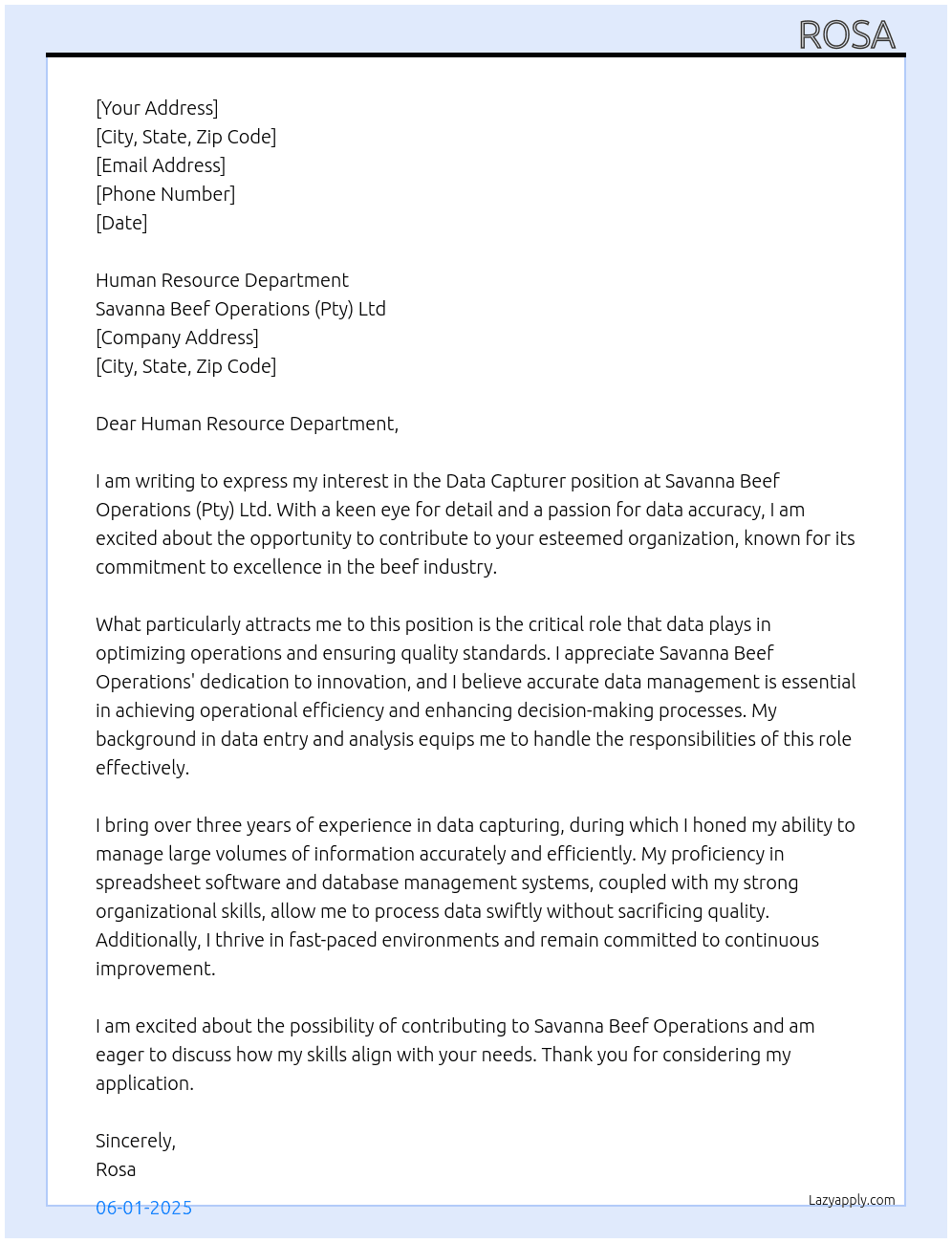 Data Capturer ,Weighing  At Savanna Beef Operations (Pty)Ltd Cover Letter
