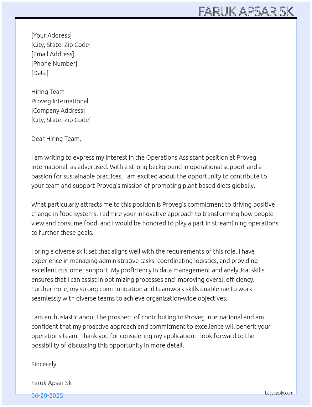 Operation assistant  At Proveg international  Cover Letter