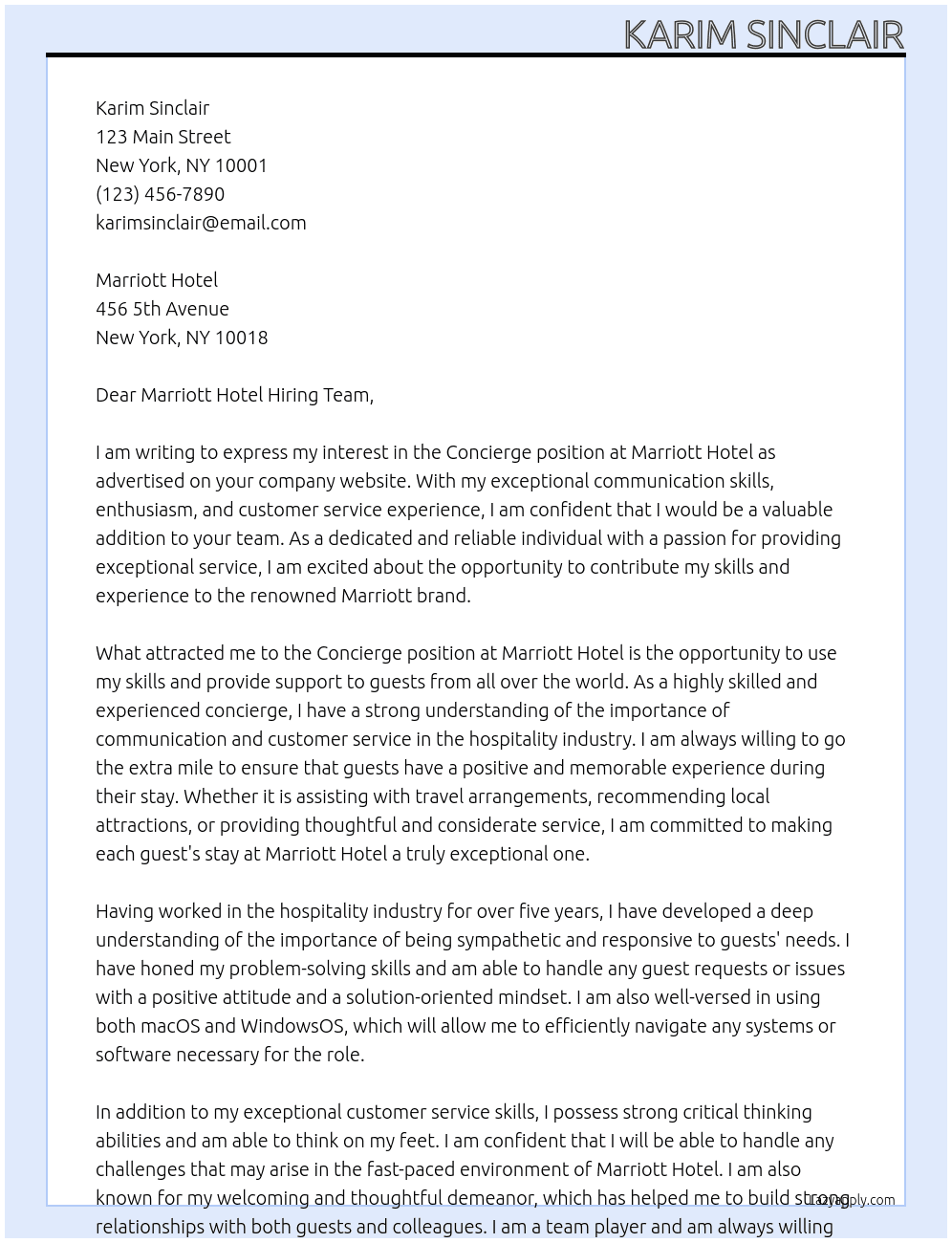 concierge At marriott hotel Cover Letter