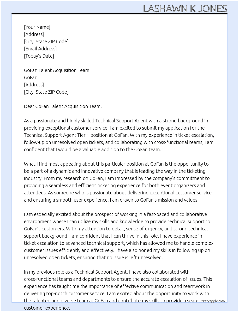 Technical Support Agent Tier 1 At GoFan Cover Letter