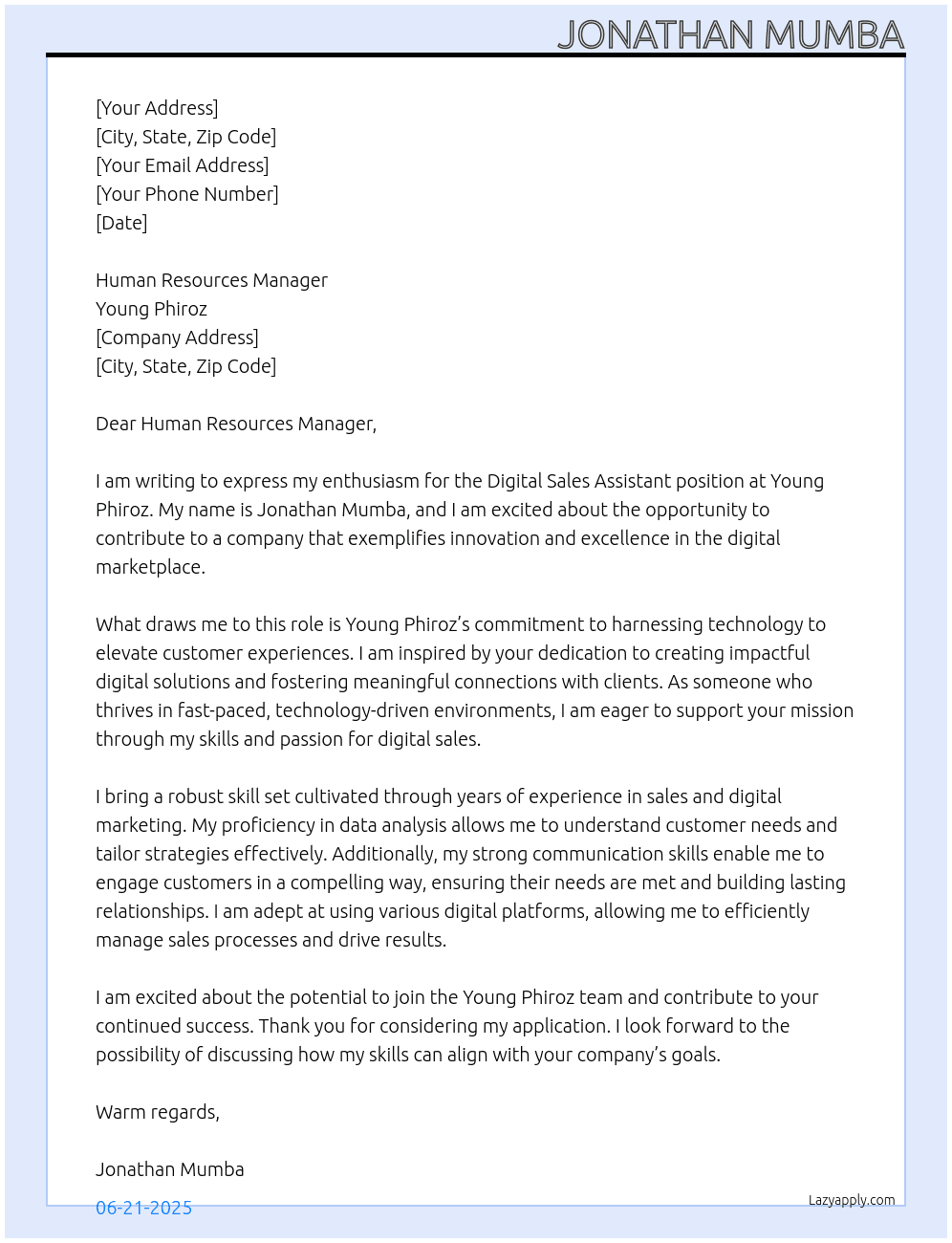 Digital sales assistant At Young phiroz Cover Letter