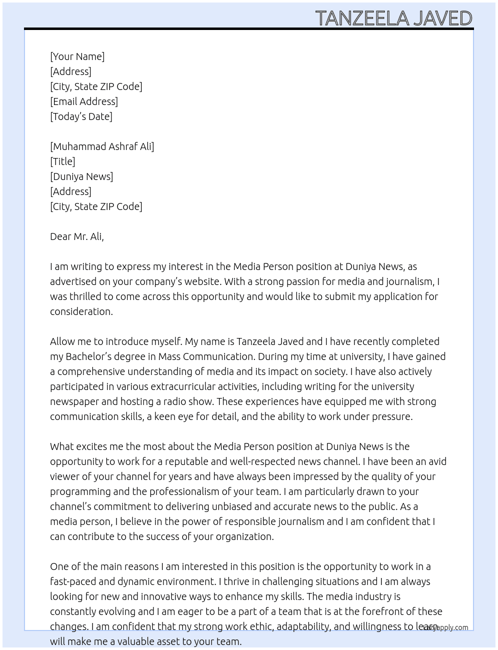 Media Person At Duniya News Cover Letter