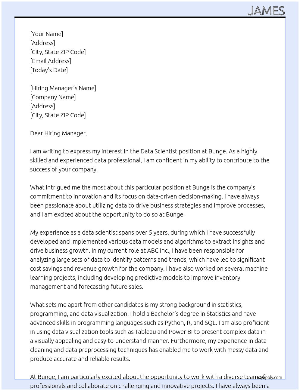 Data Scientist At Bunge Cover Letter