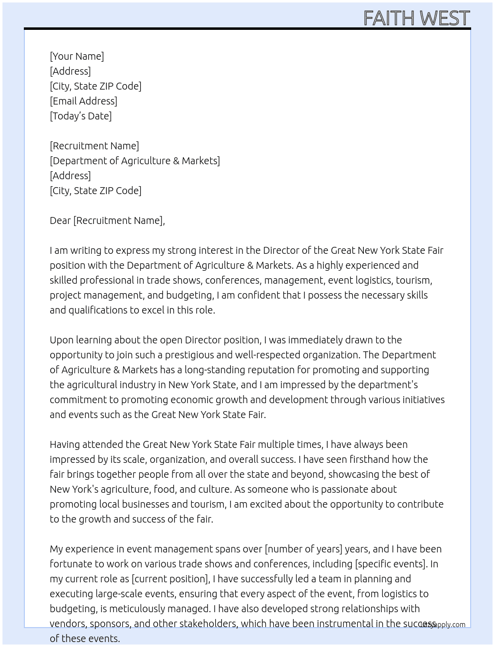 Director of the Great New York State Fair At Department of Agriculture & Markets Cover Letter