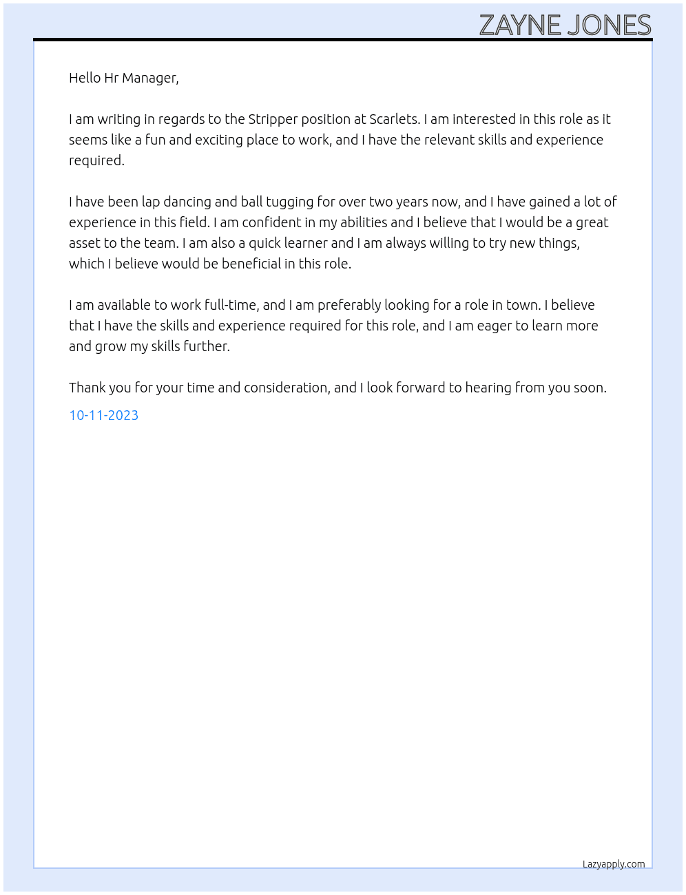 Stripper At Scarlets Cover Letter