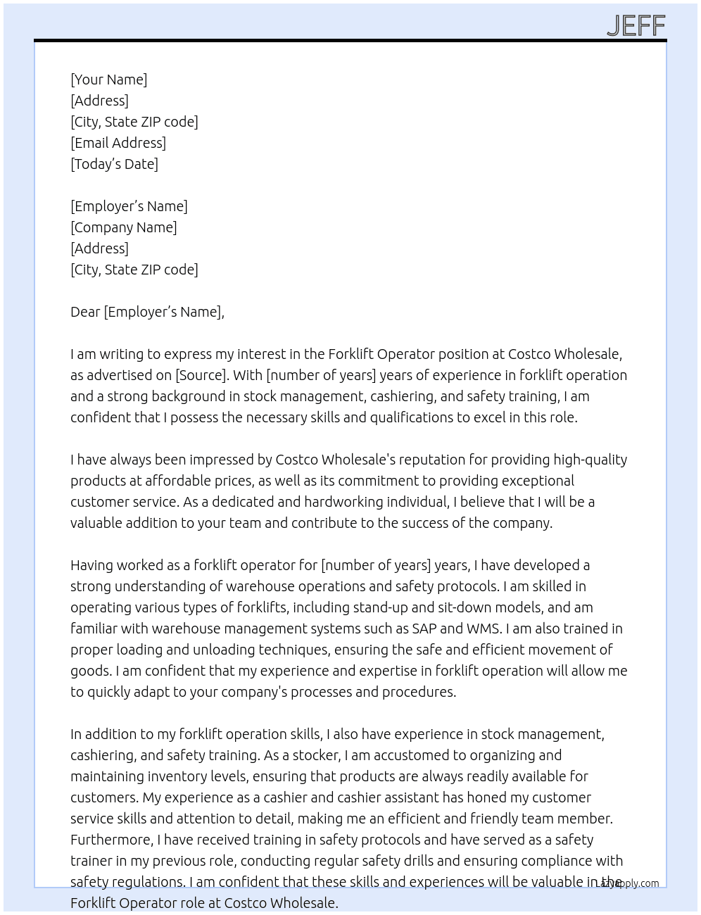 Forklift Operator At Costco Wholesale Cover Letter