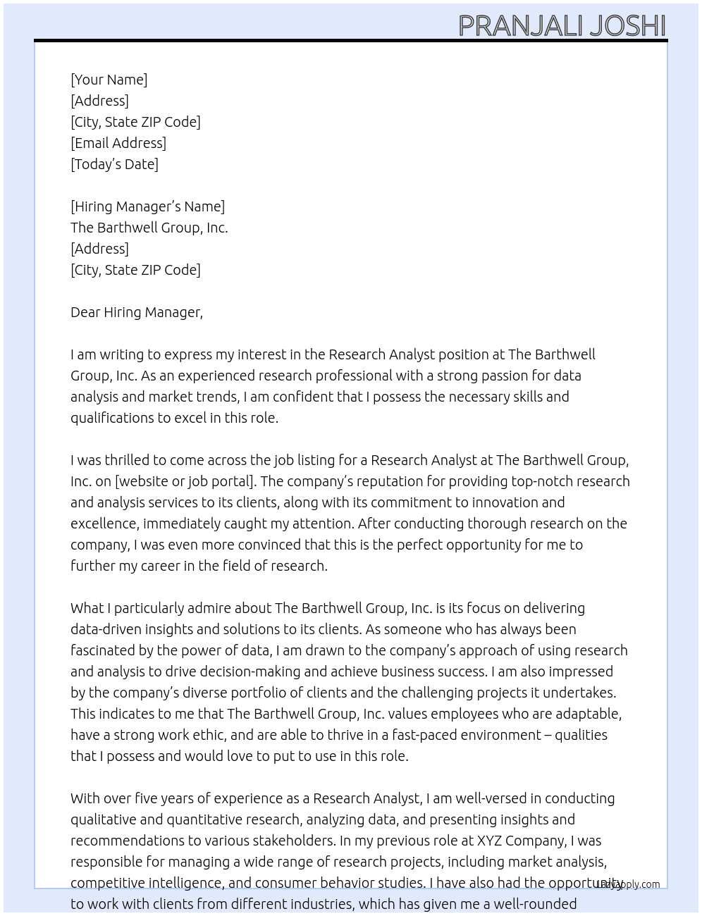Research Analyst At The Barthwell Group, Inc. Cover Letter
